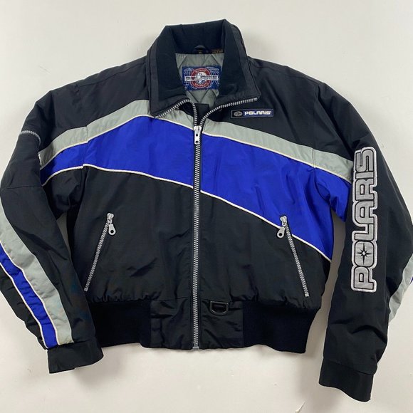 Vintage Polaris Snowmobile Jacket Coat Medium Women Black Blue Nylon Winter - Picture 1 of 16